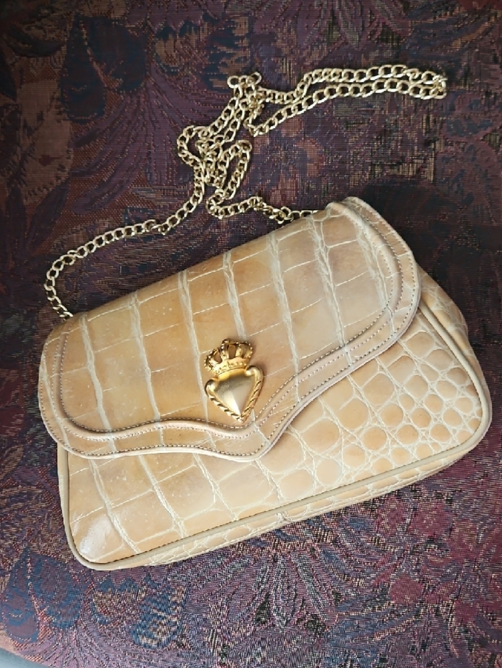 Sondra Roberts Beige Croc-Embossed Shoulder Bag with Gold Heart Crown Accent.
